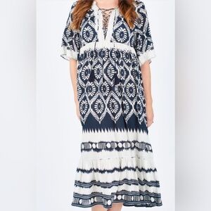 RUBY YAYA BLUE WHITE BATIK BOHO PRINT MAXI DRESS WITH RHINESTONES WOMENS SMALL